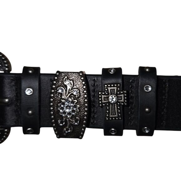 Black Leather Western Belt with Silver Rhinstone Embellished Buckle Size Large main image 6